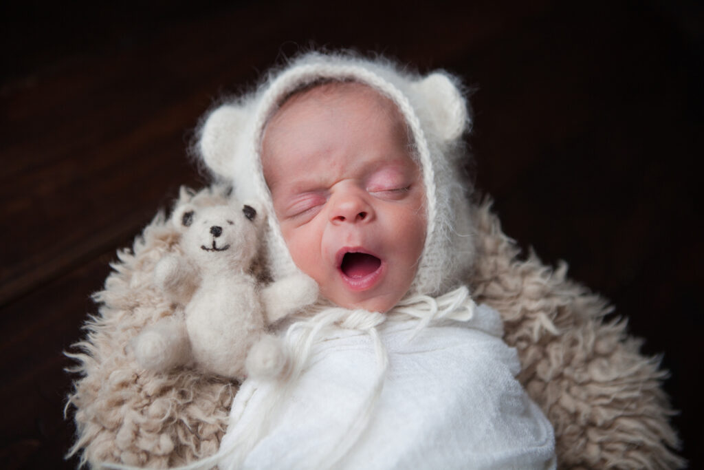 A close up of a newborn baby with teddy bear next to face